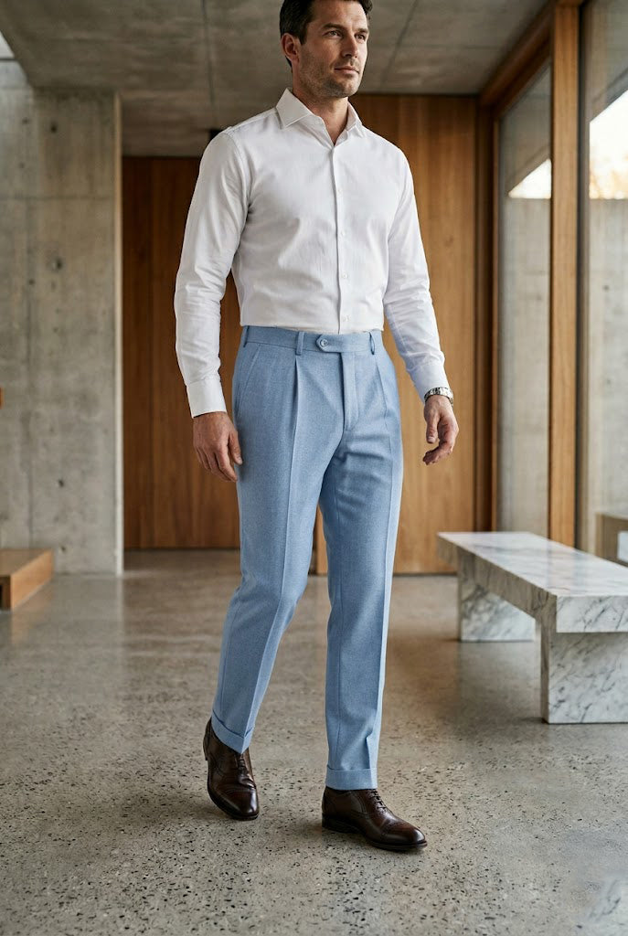 Men'sSky Blue Melange Tailored Single-Pleat Trousers