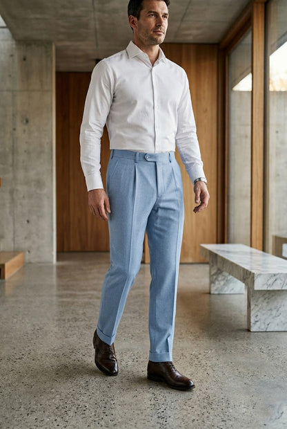 Men'sSky Blue Melange Tailored Single-Pleat Trousers