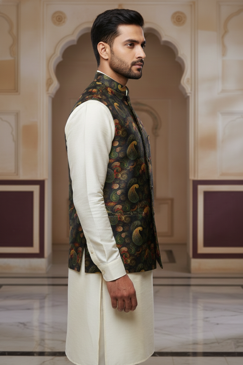 Imperial Heritage: The Midnight Gold Paisley Nehru Jacket