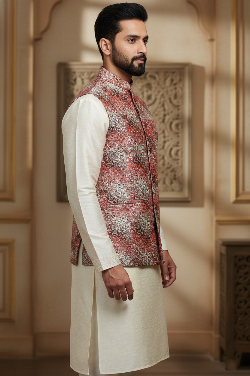 The Modern Maharaja: Abstract Printed Nehru Jacket & Silk Kurta Set