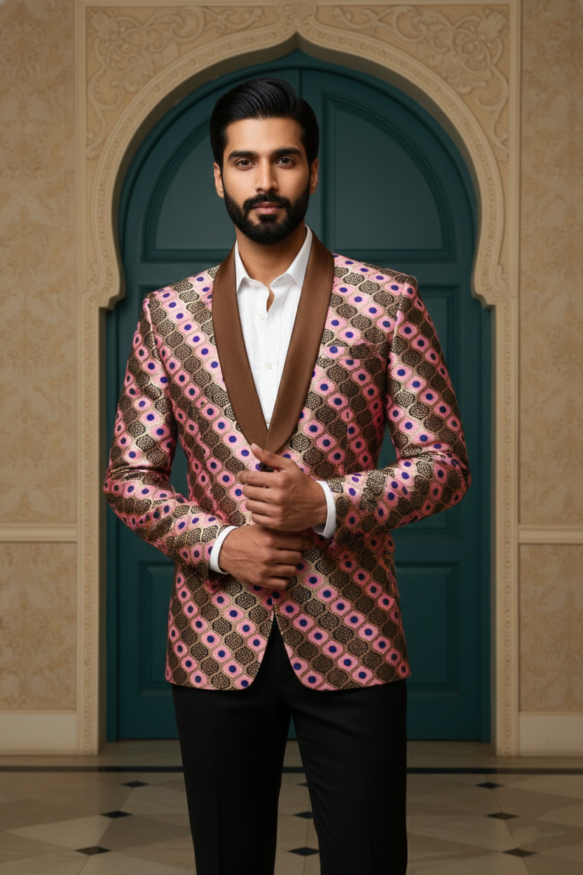 Men'sRose Pink & Bronze Banarasi Jacquard Tuxedo Blazer , Premium Ethnic Fusion Wear