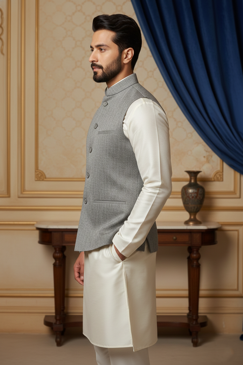 Men’s Grey Textured Nehru Jacket & Cream  Kurta Set