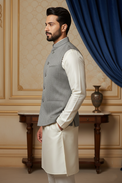 Men’s Grey Textured Nehru Jacket & Cream  Kurta Set