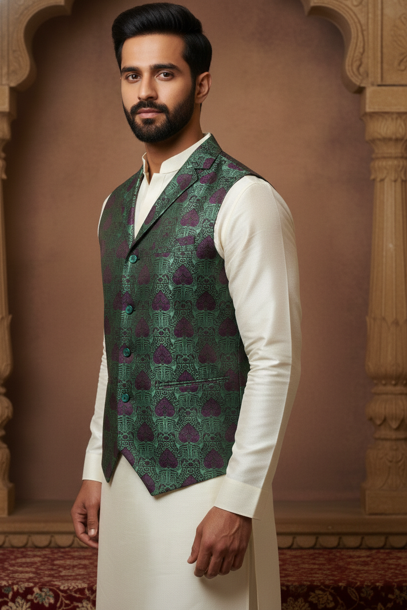 Men's Teal and Maroon Jacquard Waistcoat – Notch Lapel Brocade Nehru Jacket with Traditional Motif Print