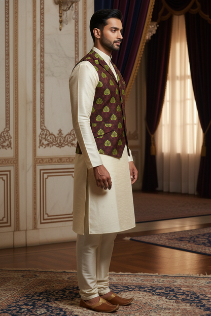 Men’s Purple Designer Waistcoat | Green Work Slim Fit Festive Vest
