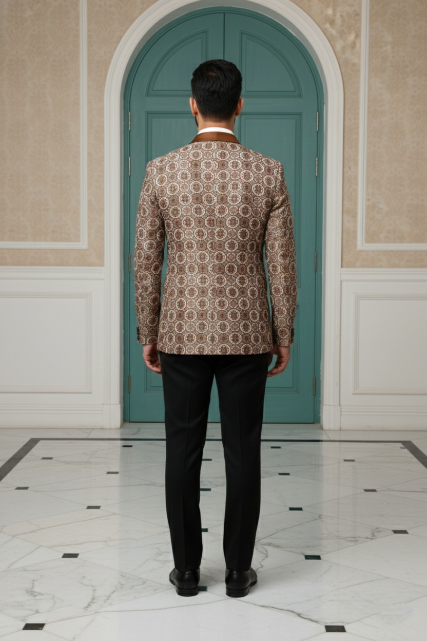 Copper Geometric Silk Jacquard Tuxedo Blazer with Bronze Satin Shawl Lapel