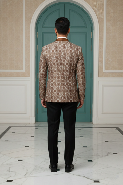 Copper Geometric Silk Jacquard Tuxedo Blazer with Bronze Satin Shawl Lapel