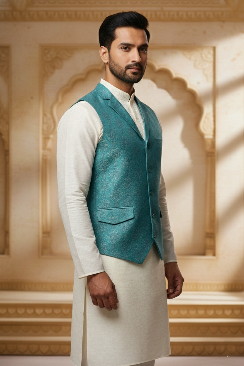 Men’s Blue Nehru Jacket | Classic Slim Fit Ethnic Waistcoat