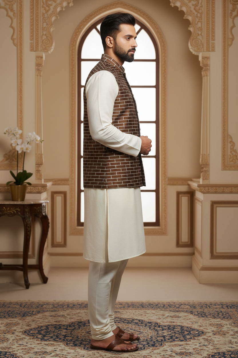Men’s Brown Nehru Jacket with White Line Pattern | Ethnic Mandarin Collar Waistcoat for Festive & Formal Wear