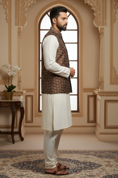 Men’s Brown Nehru Jacket with White Line Pattern | Ethnic Mandarin Collar Waistcoat for Festive & Formal Wear