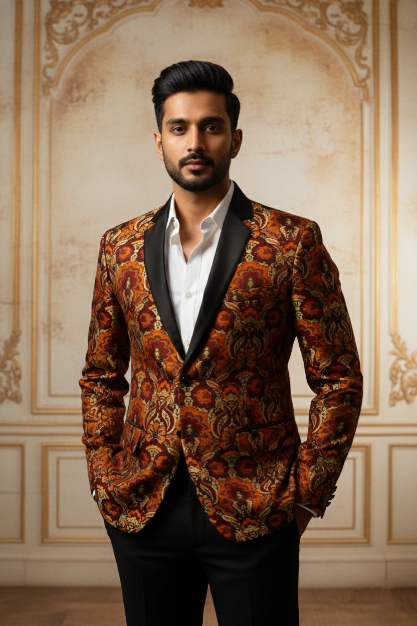 Men'sBurnt Orange Brocade Tuxedo Blazer