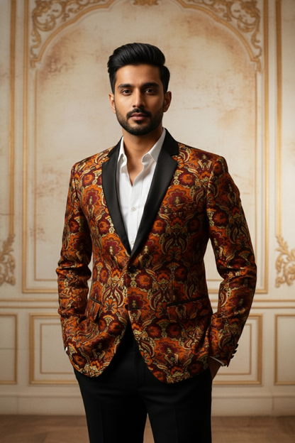 Men'sBurnt Orange Brocade Tuxedo Blazer