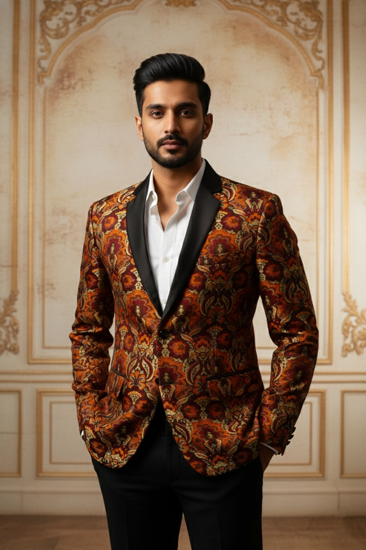 Men'sBurnt Orange Brocade Tuxedo Blazer