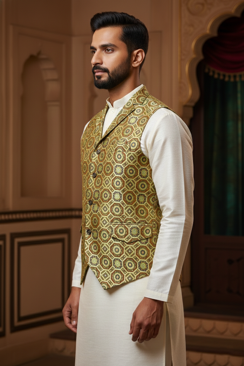 Men's Premium Geometric Print Nehru Jacket – Slim Fit V-Neck Waistcoat for Ethnic & Casual Wear
