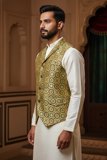 Men's Premium Geometric Print Nehru Jacket – Slim Fit V-Neck Waistcoat for Ethnic & Casual Wear