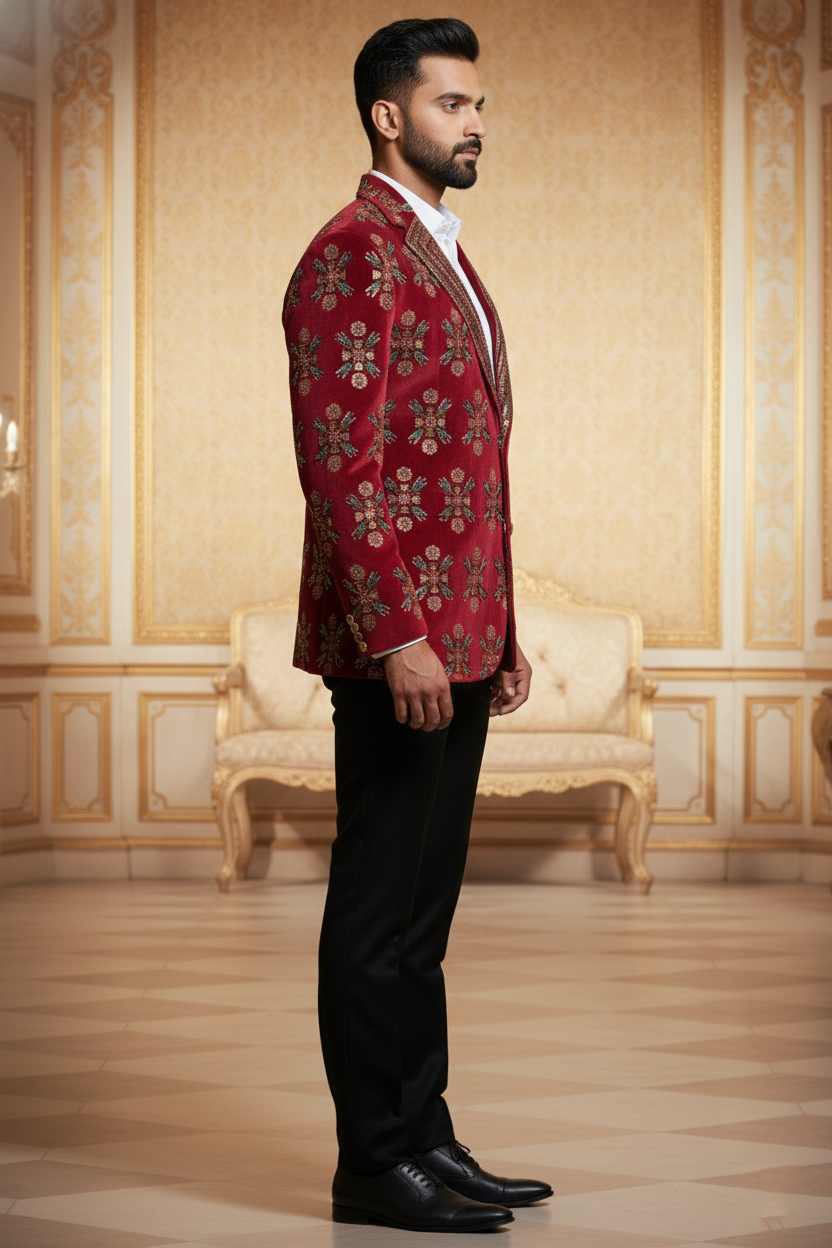 Men'sMaroon Embroidered Indo-Western Blazer