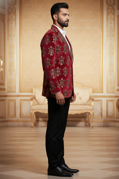 Men'sMaroon Embroidered Indo-Western Blazer