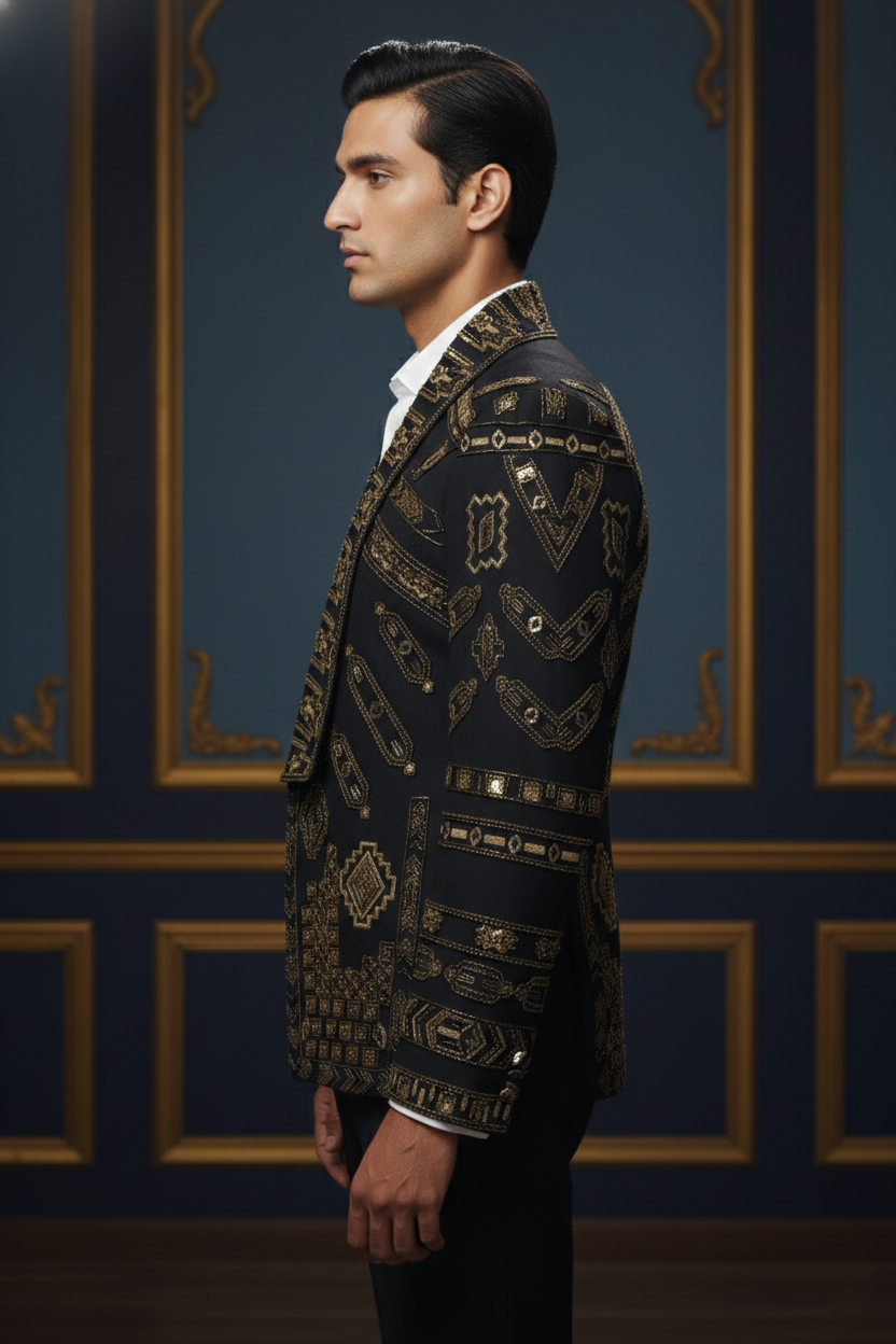 Men'sBlack & Gold Designer Embroidered Blazer