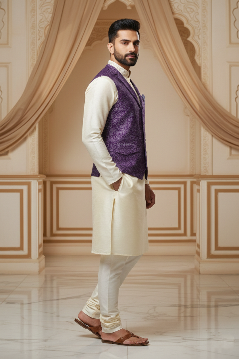 Men's Royal Purple Silk Blend Nehru Jacket – Designer Geometric Printed Waistcoat with Notched Lapel and Pocket Square