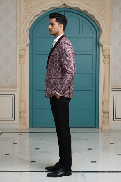 Men'sPremium Wine Geometric Jacquard Tuxedo Blazer with Satin Peak Lapels