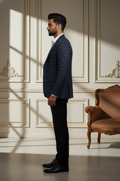 Men'sNavy Blue Micro-Check Tailored Blazer