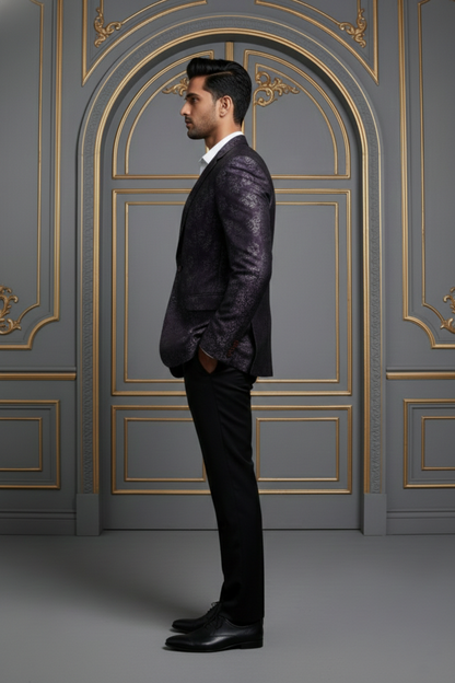 Dark Purple Paisley Double-Breasted  Blazer