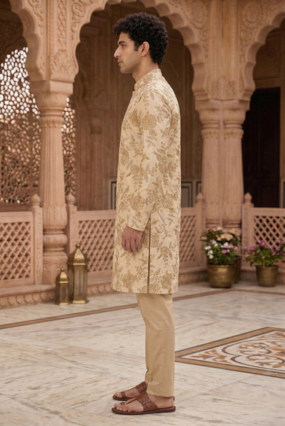 Men's Cream Floral Embroidered Partywear Kurta Pajama