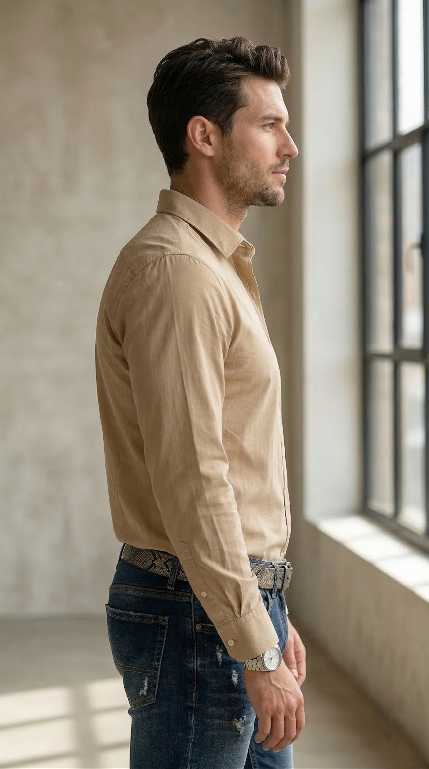 Men'sCasual Slim-Fit Stretch Poplin Shirt in Khaki Tan