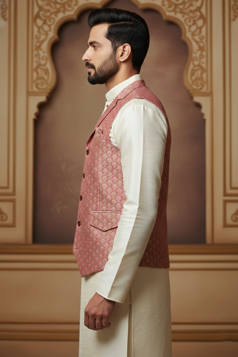 Men’s Pink Jacquard Waistcoat & Cream  Kurta Set