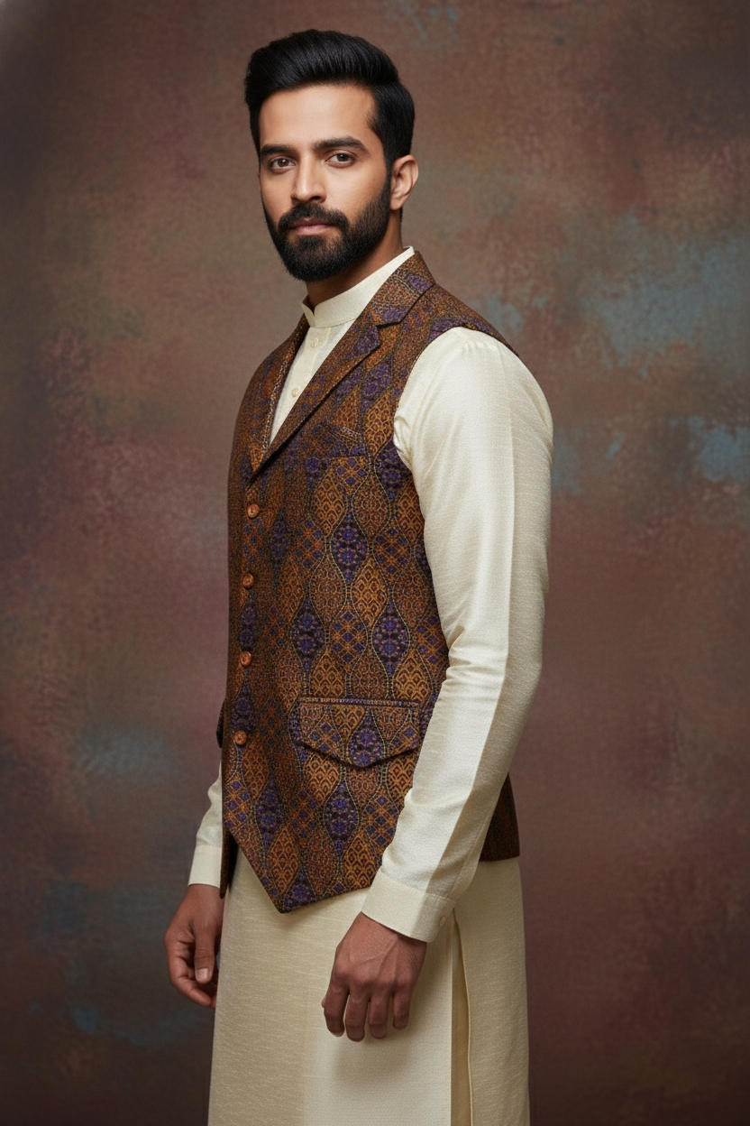 Men’s Brown Printed Nehru Jacket with Ivory Kurta