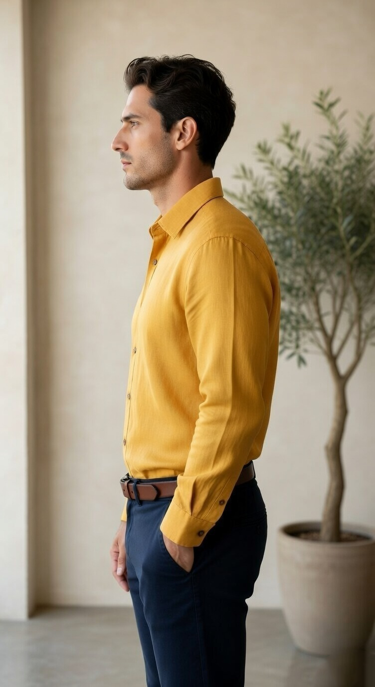 Men'sCasual Long-Sleeve Linen-Blend Shirt in Mustard Gold