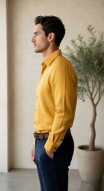 Men'sCasual Long-Sleeve Linen-Blend Shirt in Mustard Gold