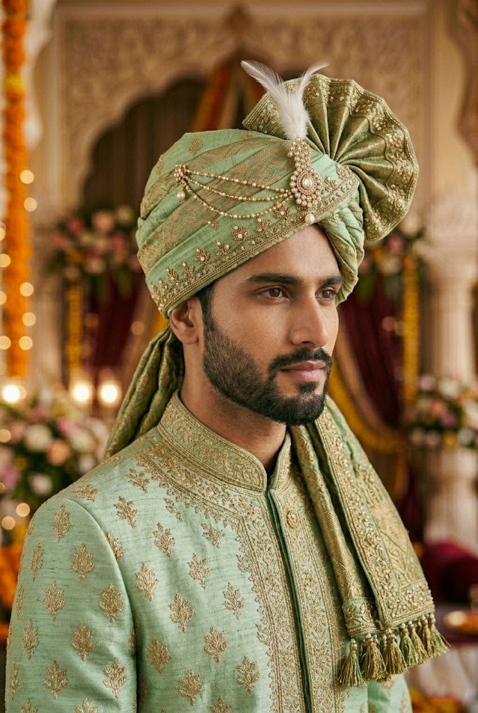Royal Sage Green Silk Turban with Gold Zari & Pearls