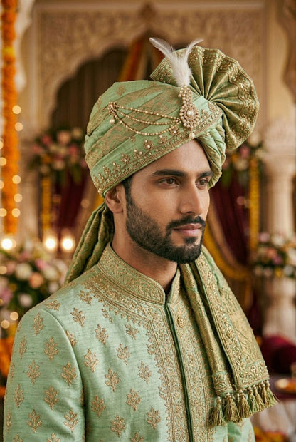 Royal Sage Green Silk Turban with Gold Zari & Pearls