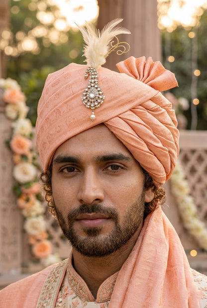 Royal Peach Silk Groom Turban with Kundan Brooch