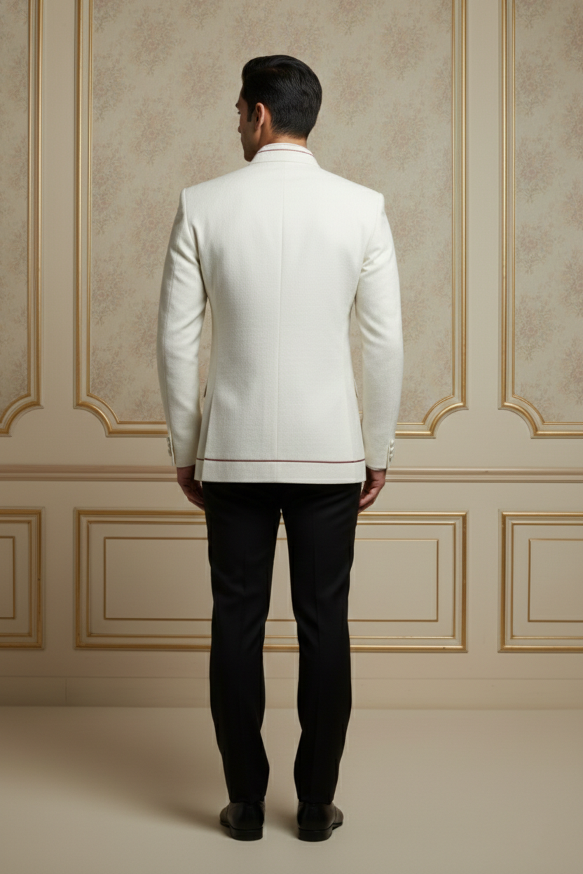 Men's Off-White Mandarin Collar Blazer with Rose  Piping
