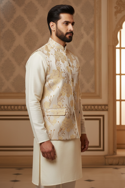 Men’s Luxury Gold Floral Jacquard Nehru Jacket
