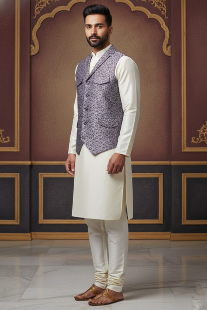 Men's Light Purple Silk Blend Nehru Jacket – Elegant Geometric Printed Waistcoat with Notched Lapel and Built-in Pocket Square