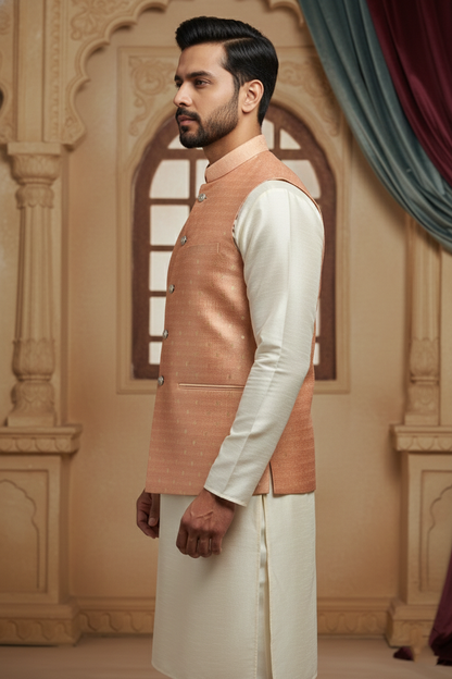 Men’s Peach-Gold Textured Silk Nehru Jacket