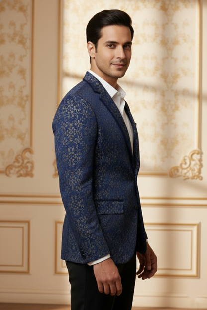 Men'sRoyal Blue Jacquard Brocade Blazer , Luxury Slim-Fit Floral Pattern Party Wear Jacket