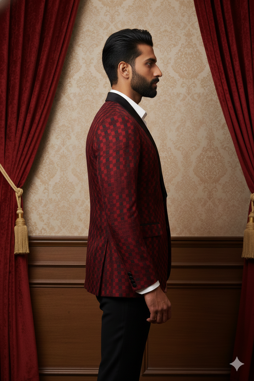 Men's Luxury Maroon & Black Checkered Jacquard Blazer