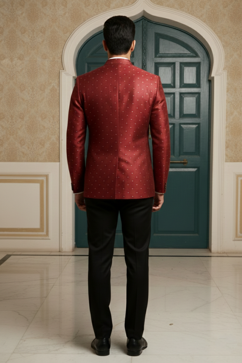 Men's Luxury Maroon Bandhgala Jodhpur Jacket , Silk-Blend Textured Ethnic Blazer with Mandarin Collar