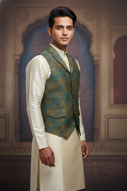 Men’s Premium Teal & Mustard Geometric Jacquard Waistcoat with Notched Lapel