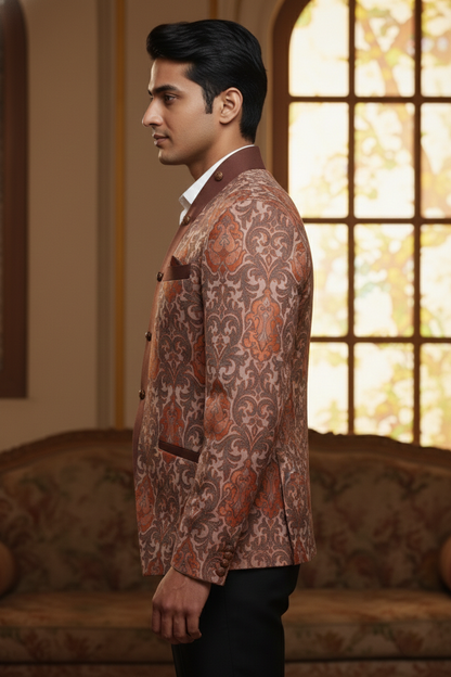 Regal Vine Motif , Ornate Double-Breasted Blazer
