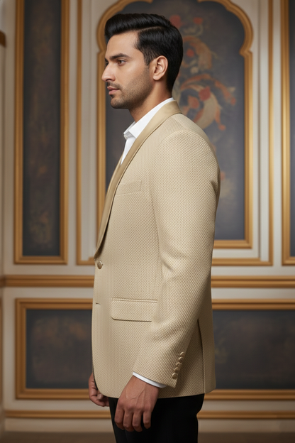 Beige Textured Blazer with Satin Shawl Collar
