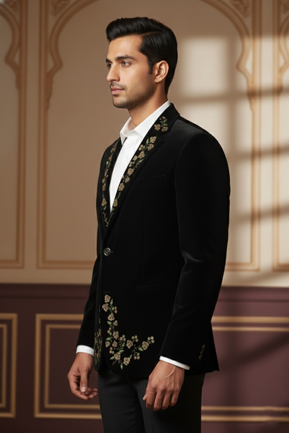 Men'sBlack Velvet Floral Embroidered Blazer