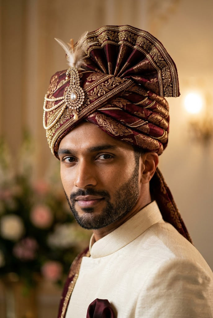 Royal Maroon Banarasi Silk Groom Pagri with Pearl Strings