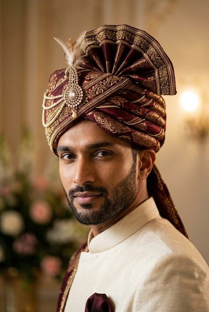 Royal Maroon Banarasi Silk Groom Pagri with Pearl Strings