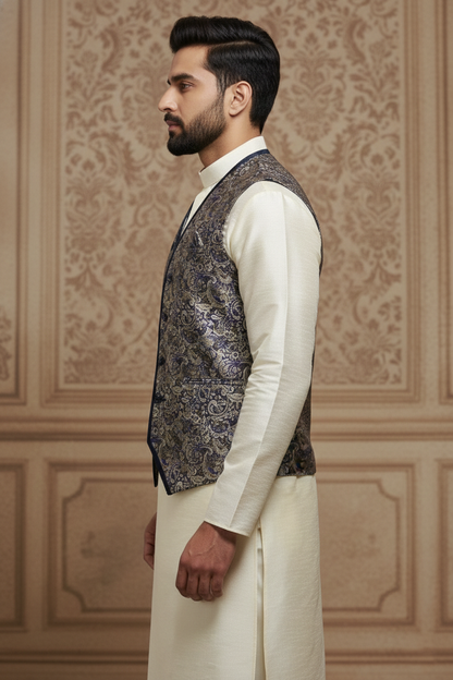 Blue Paisley Jacquard Waistcoat with Cream Silk  Kurta Set