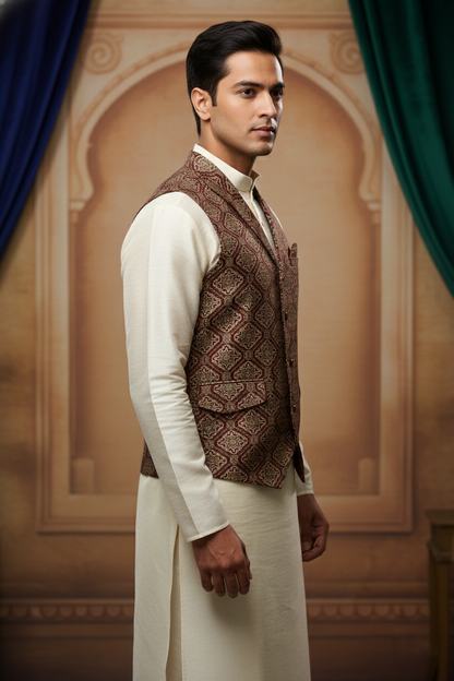 Men’s Light Red Jacquard Silk Waistcoat with Notch Lapel | Slim Fit Festive Vest